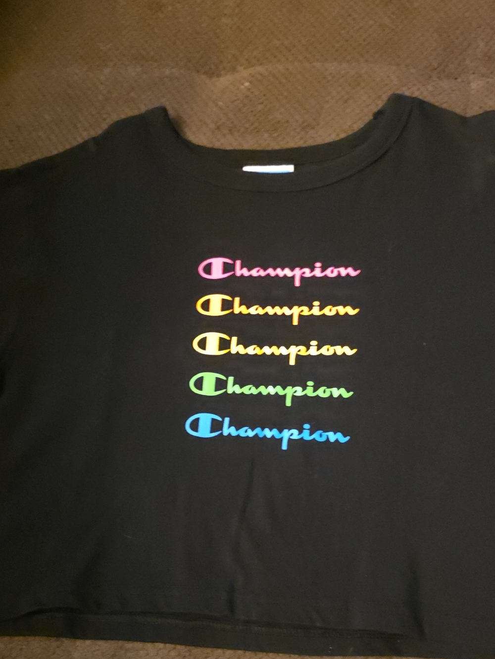 Champion Women's Black Tee Cropped with Rainbow Stacked Logos
